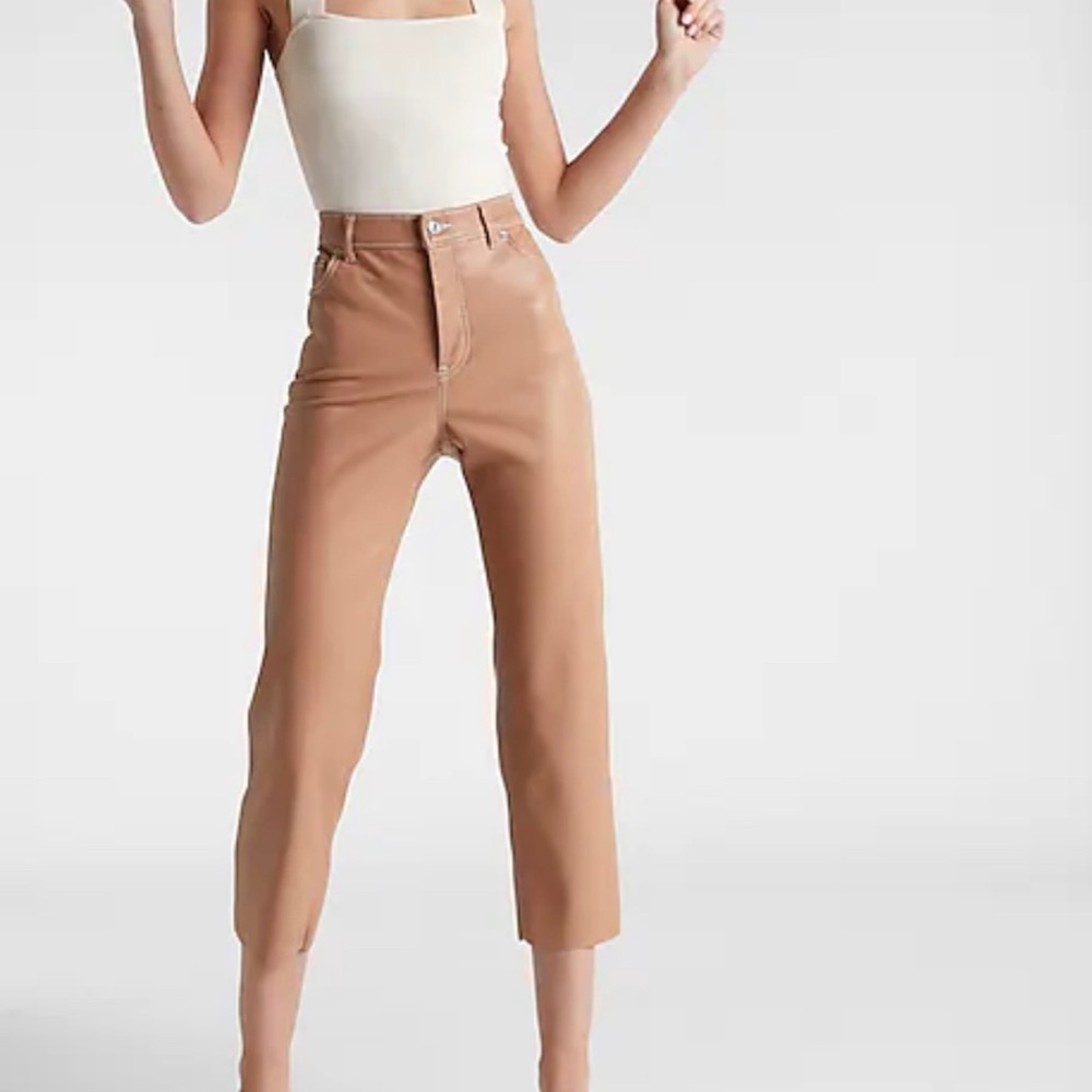Express Super High Waisted Faux Leather Straight Leg Pants Tan